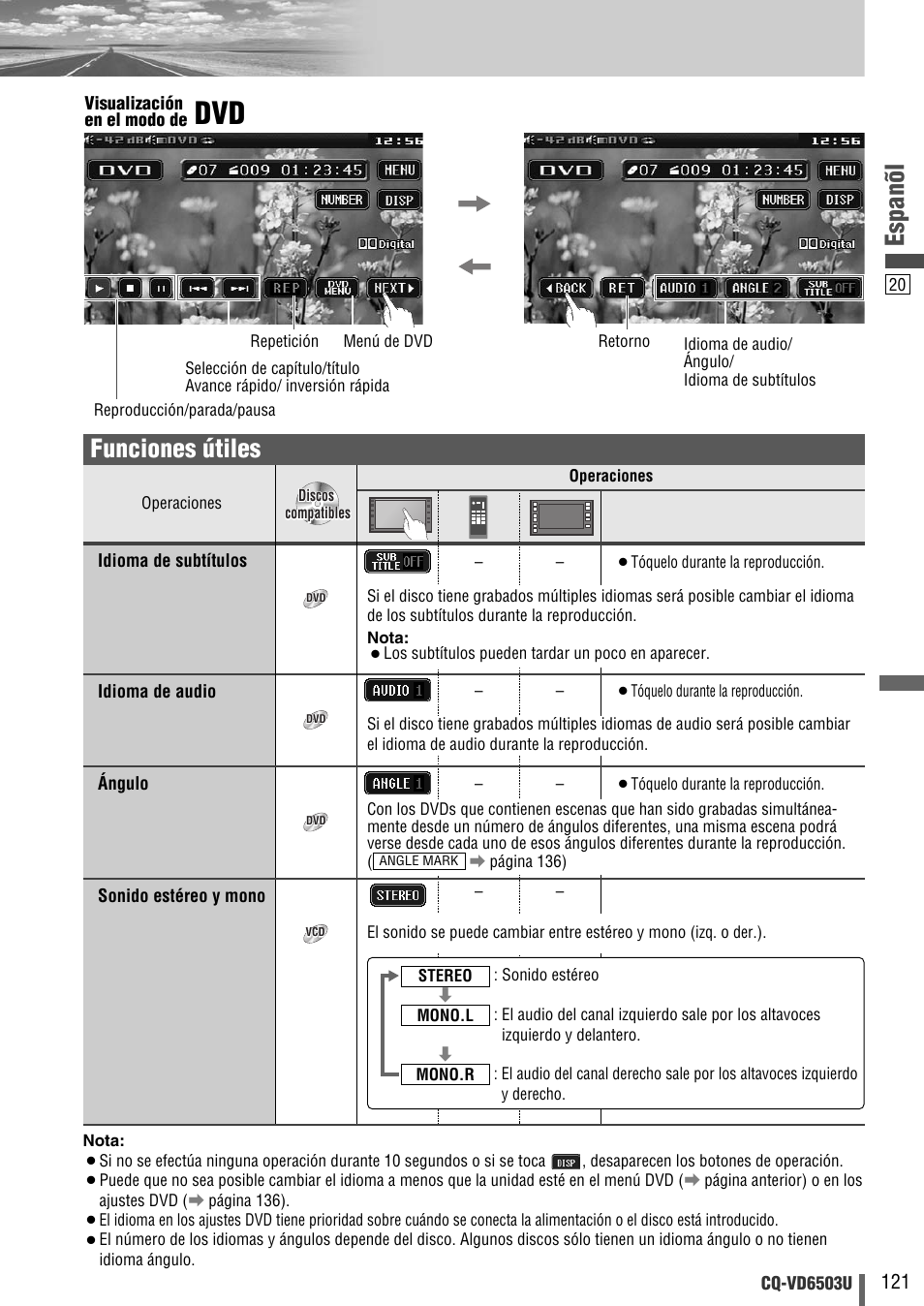 Espanõl, Funciones útiles | Panasonic CQ-VD6503U User Manual | Page 121 / 150