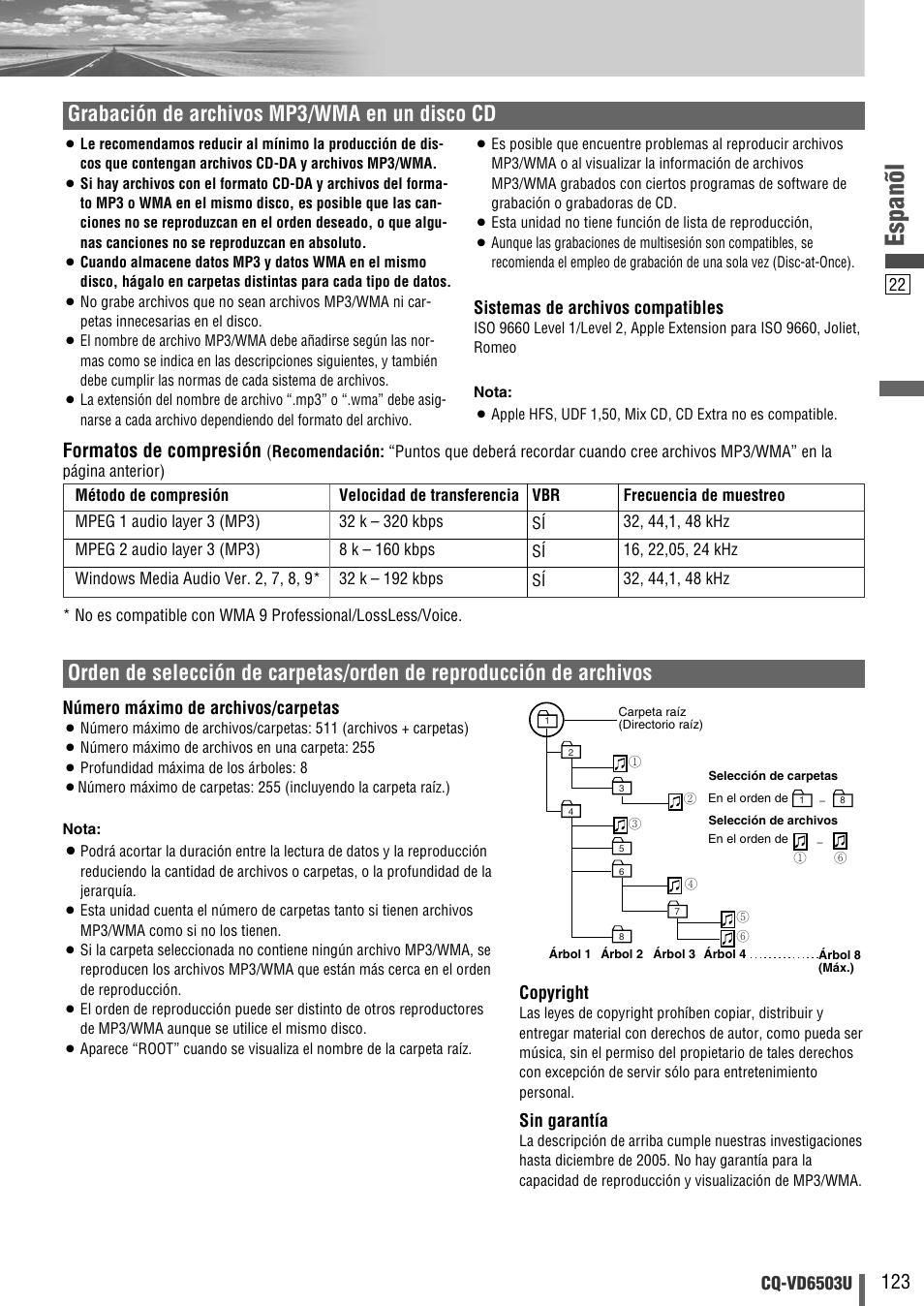 Espanõl, Grabación de archivos mp3/wma en un disco cd, Formatos de compresión | Panasonic CQ-VD6503U User Manual | Page 123 / 150