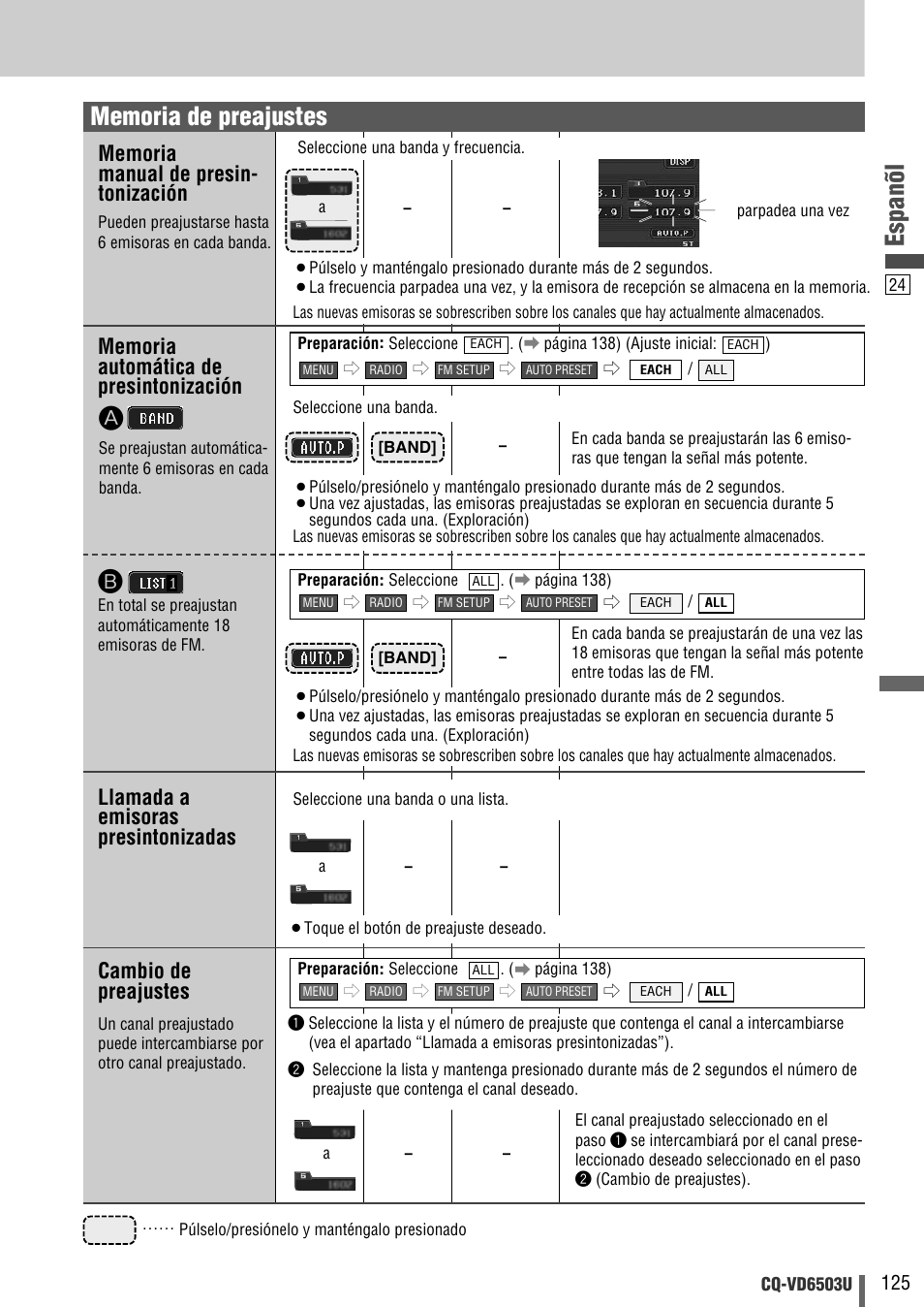 Espanõl, Llamada a emisoras presintonizadas, Cambio de preajustes | Panasonic CQ-VD6503U User Manual | Page 125 / 150