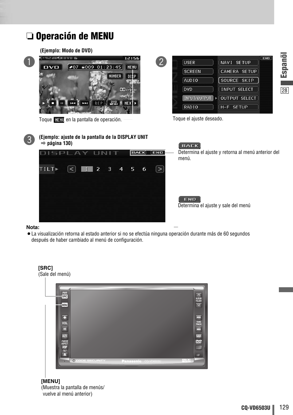 Operación de menu, Espanõl | Panasonic CQ-VD6503U User Manual | Page 129 / 150