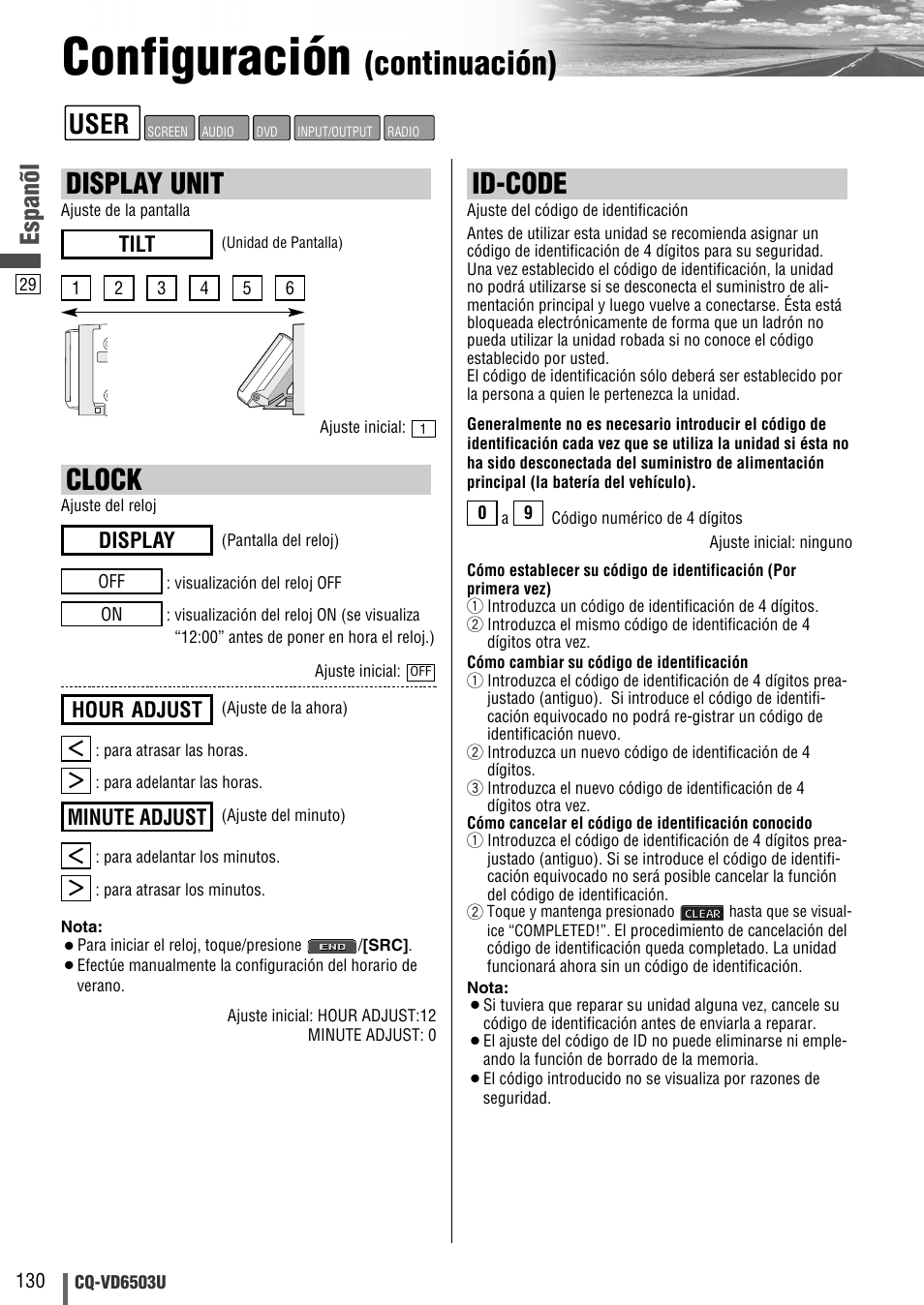 Configuración, Continuación), Id-code | Clock, Display unit, User, Espanõl, Minute adjust, Hour adjust, Display | Panasonic CQ-VD6503U User Manual | Page 130 / 150