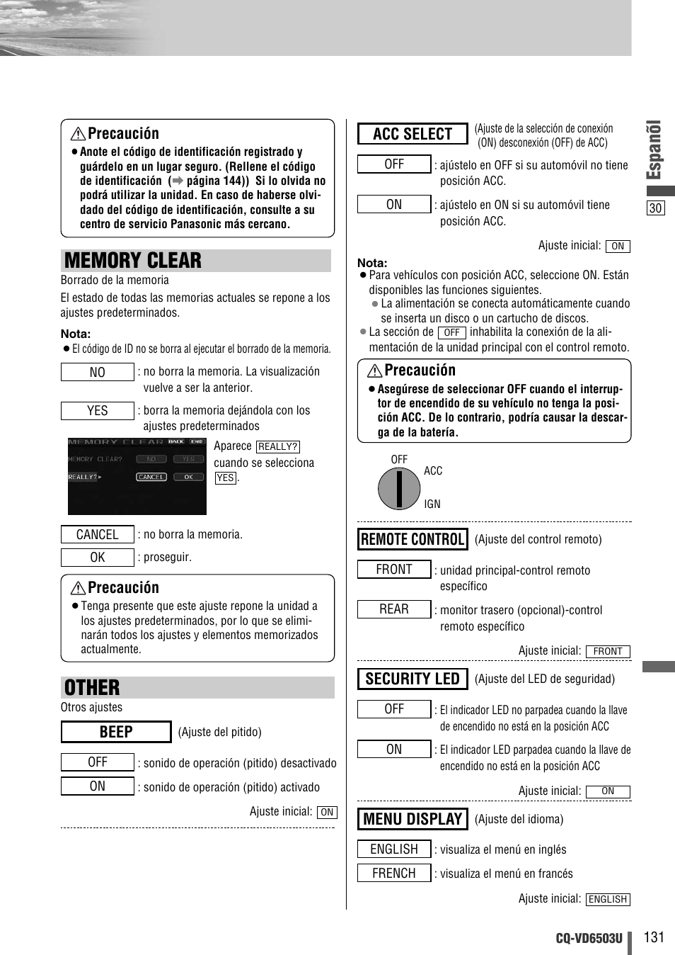 Other, Espanõl, Beep | Menu display, Security led, Remote control, Acc select precaución, Precaución | Panasonic CQ-VD6503U User Manual | Page 131 / 150