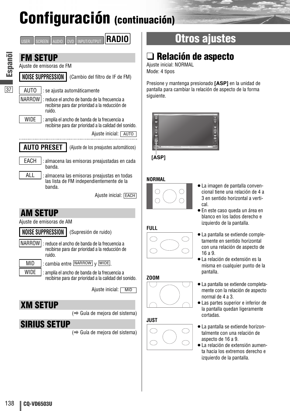 Configuración, Otros ajustes, Continuación) | Relación de aspecto, Fm setup, Am setup, Xm setup, Sirius setup, Radio, Espanõl | Panasonic CQ-VD6503U User Manual | Page 138 / 150