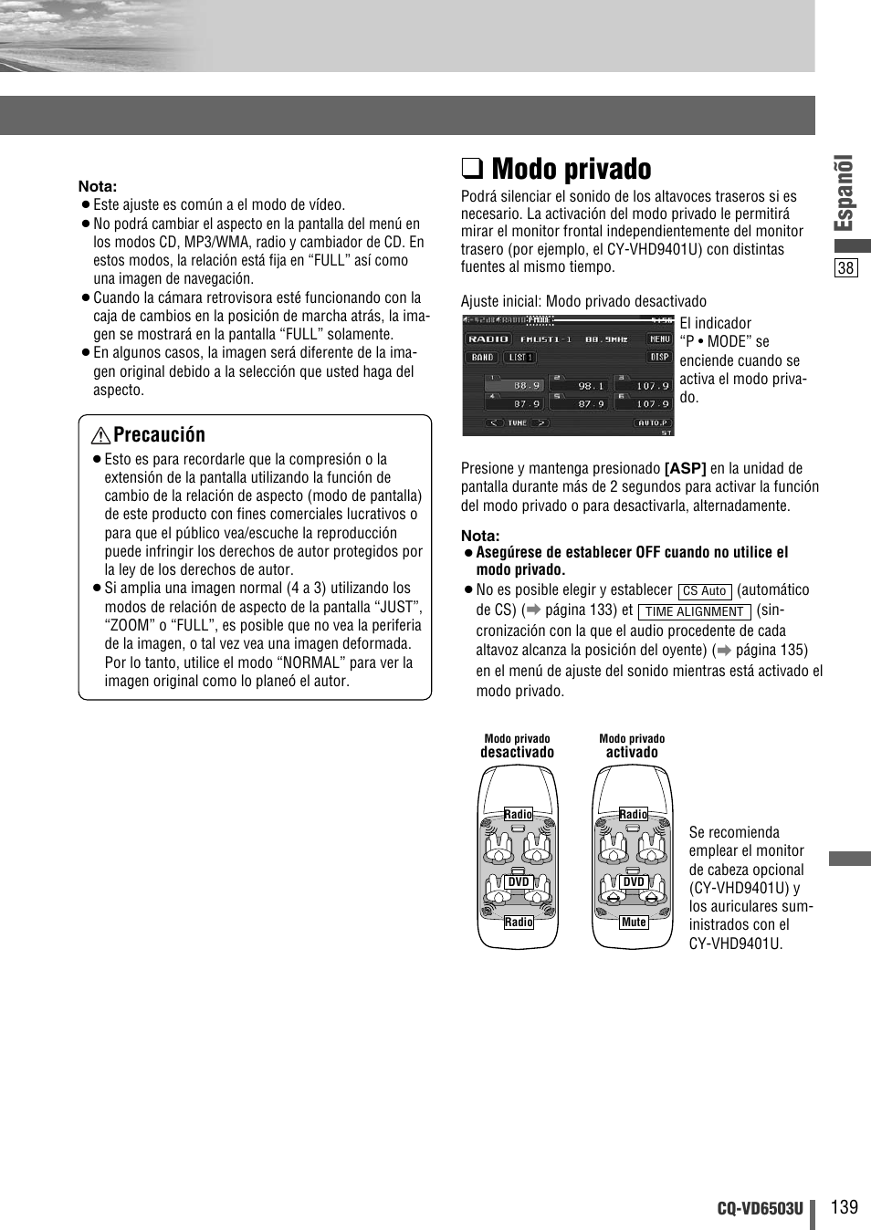 Modo privado, Espanõl, Precaución | Panasonic CQ-VD6503U User Manual | Page 139 / 150