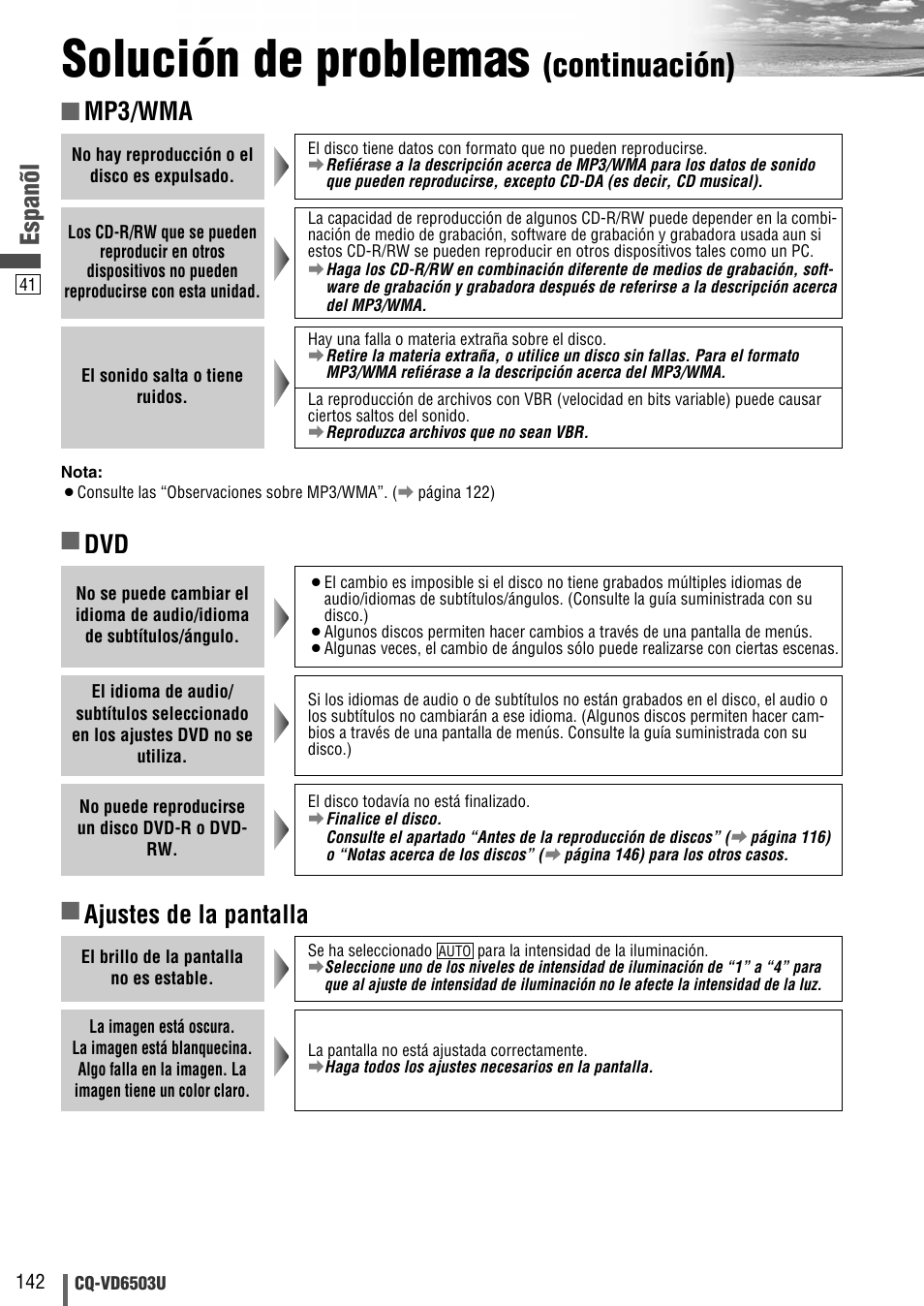 Solución de problemas, Continuación), Espanõl | Mp3/wma, Ajustes de la pantalla | Panasonic CQ-VD6503U User Manual | Page 142 / 150