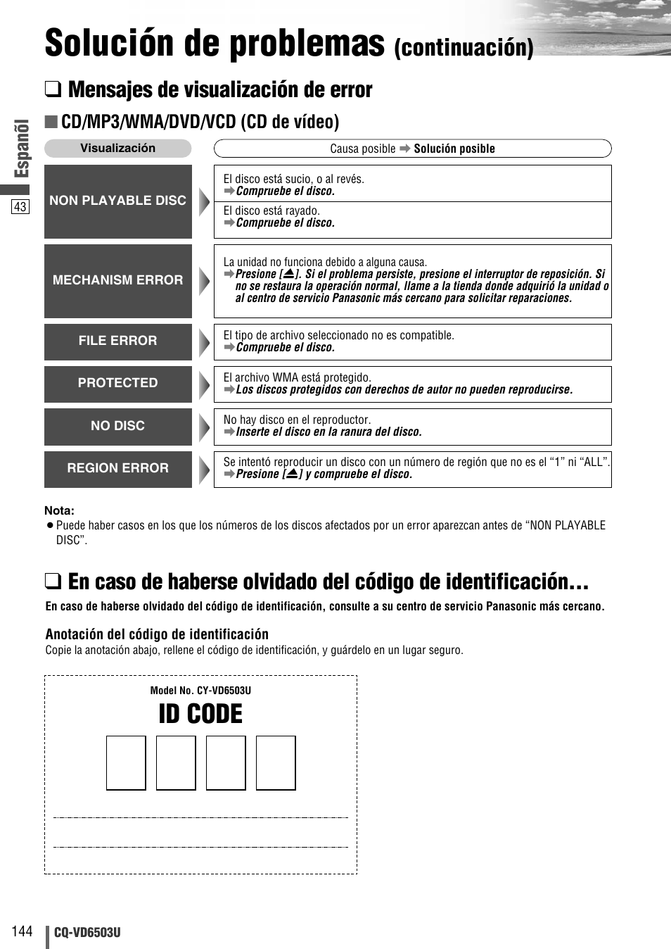 Solución de problemas, Id code, Continuación) | Mensajes de visualización de error, Espanõl, Cd/mp3/wma/dvd/vcd (cd de vídeo) | Panasonic CQ-VD6503U User Manual | Page 144 / 150