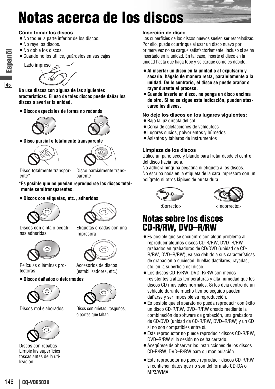 Notas acerca de los discos, Notas sobre los discos cd-r/rw, dvd–r/rw, Espanõl | Panasonic CQ-VD6503U User Manual | Page 146 / 150