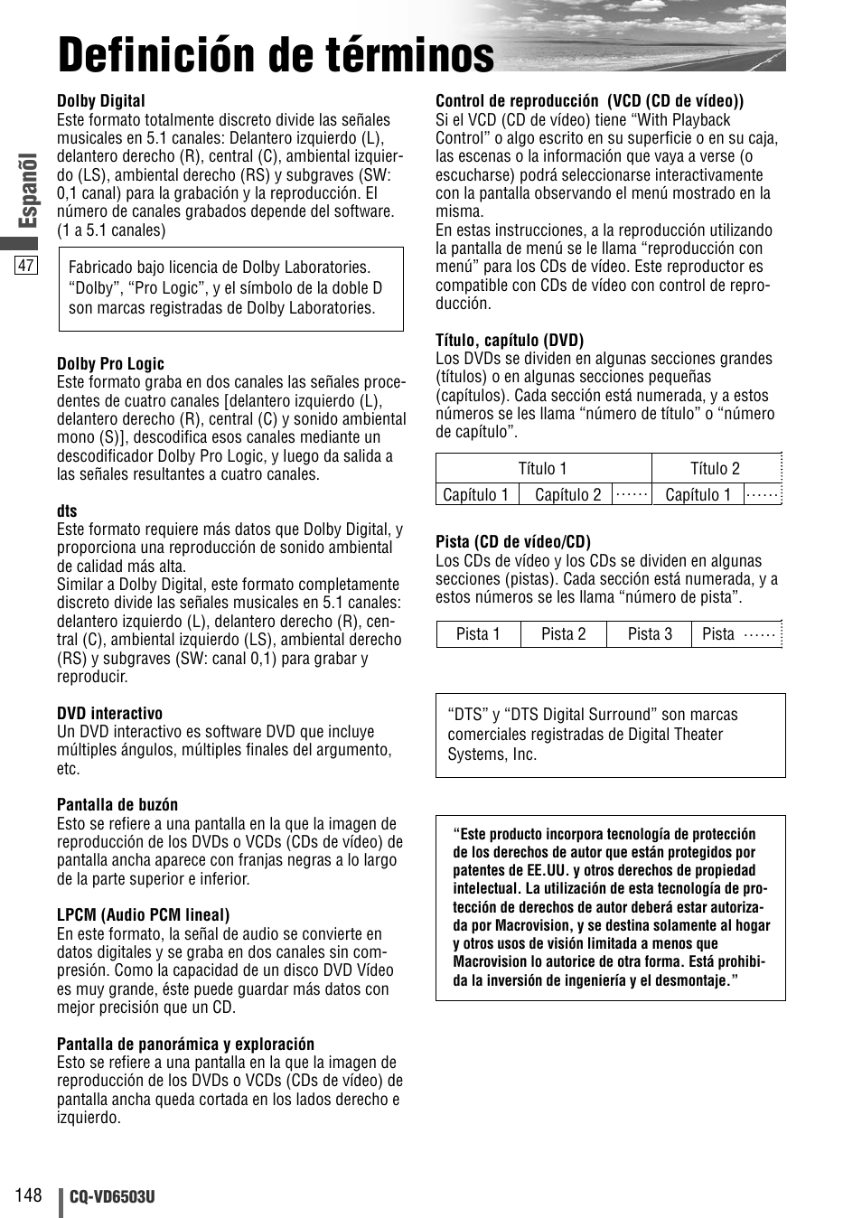 Definicion de terminos, Definición de términos, Espanõl | Panasonic CQ-VD6503U User Manual | Page 148 / 150