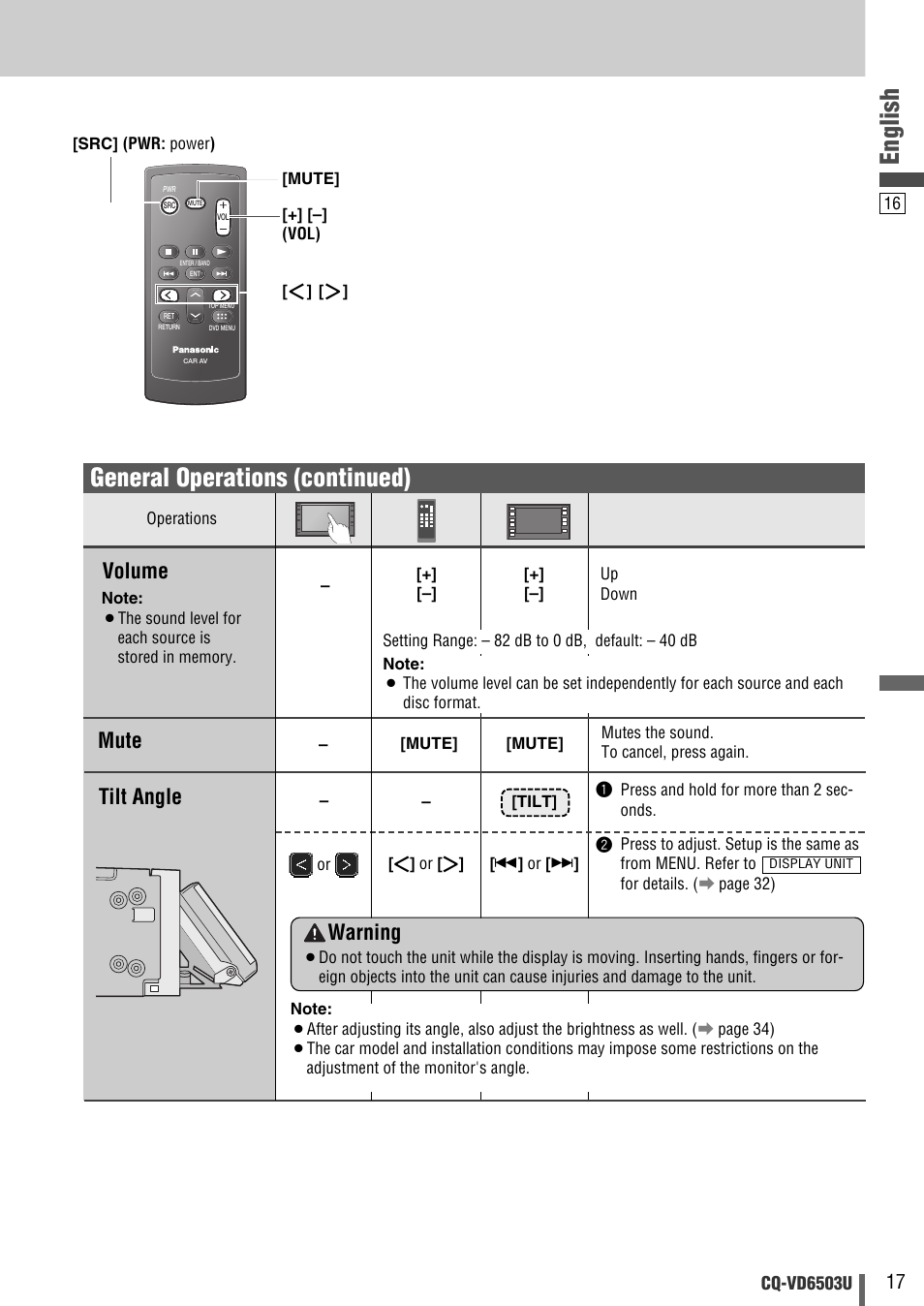 English, General operations (continued), Volume | Tilt angle, Mute, Warning | Panasonic CQ-VD6503U User Manual | Page 17 / 150