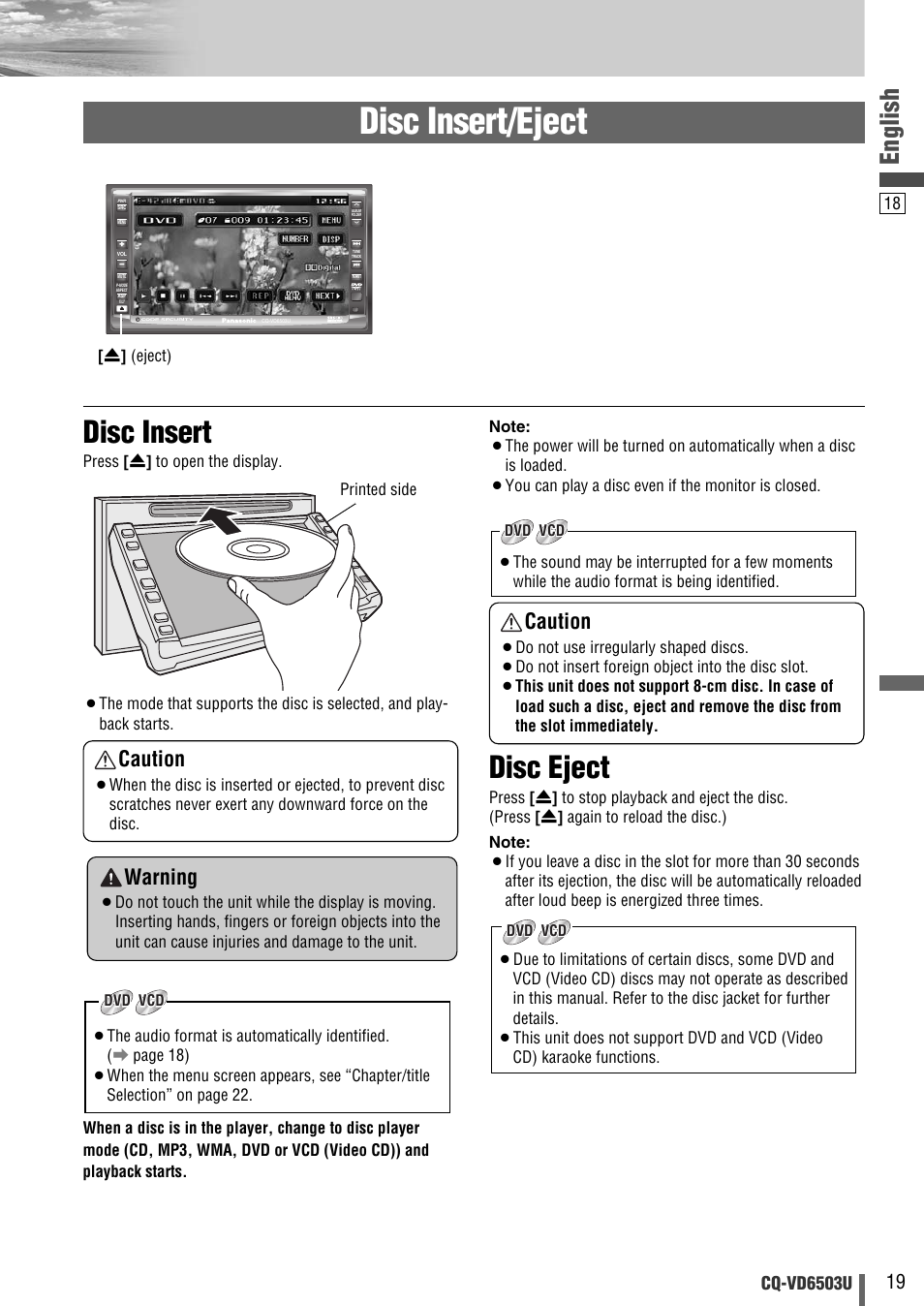Disc insert/eject, Disc eject, Disc insert | English, Caution, Warning | Panasonic CQ-VD6503U User Manual | Page 19 / 150