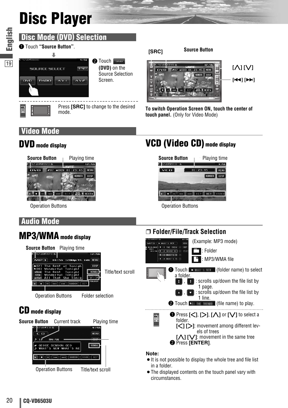 Disc player, Mp3/wma, Vcd (video cd) | English, Video mode, Audio mode, Disc mode (dvd) selection, Folder/file/track selection | Panasonic CQ-VD6503U User Manual | Page 20 / 150