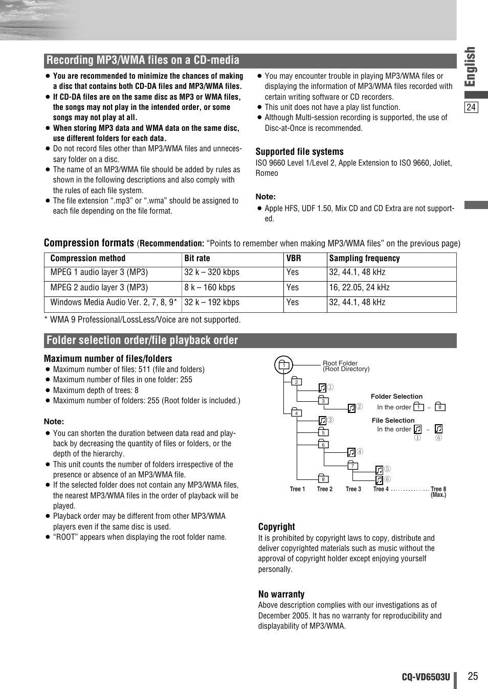 English, Recording mp3/wma files on a cd-media, Compression formats | Panasonic CQ-VD6503U User Manual | Page 25 / 150