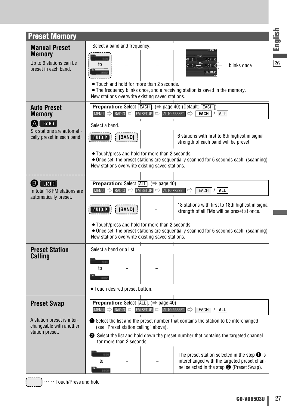 English, Preset station calling, Preset swap | Panasonic CQ-VD6503U User Manual | Page 27 / 150