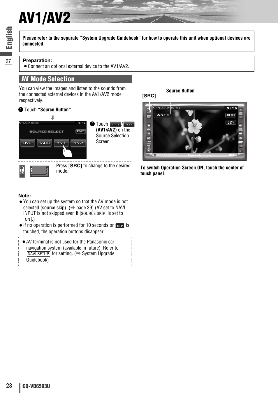 Av1/av2, English, Av mode selection | Cq-vd6503u | Panasonic CQ-VD6503U User Manual | Page 28 / 150