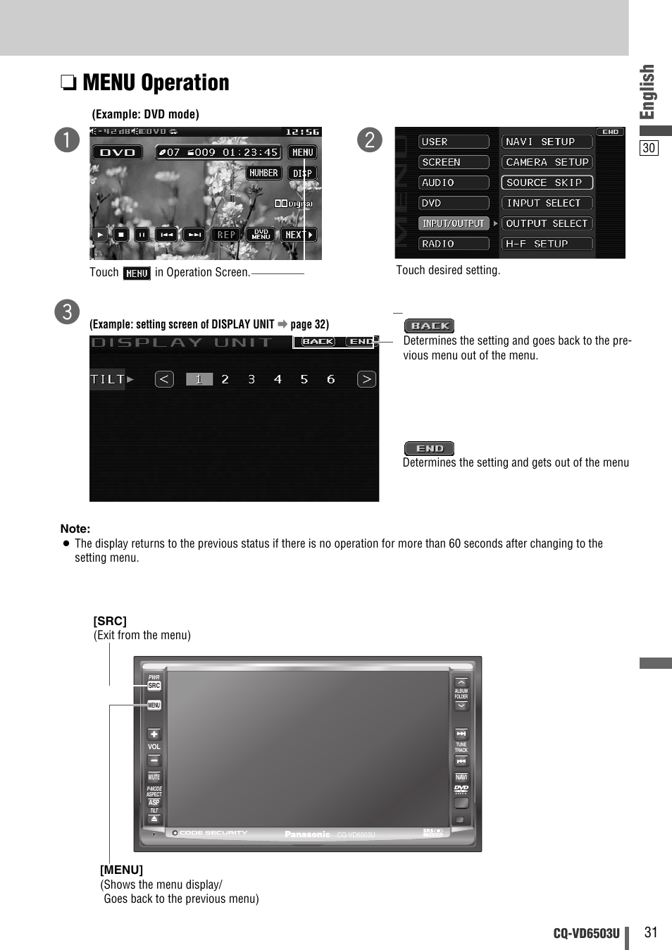 Menu operation, English | Panasonic CQ-VD6503U User Manual | Page 31 / 150