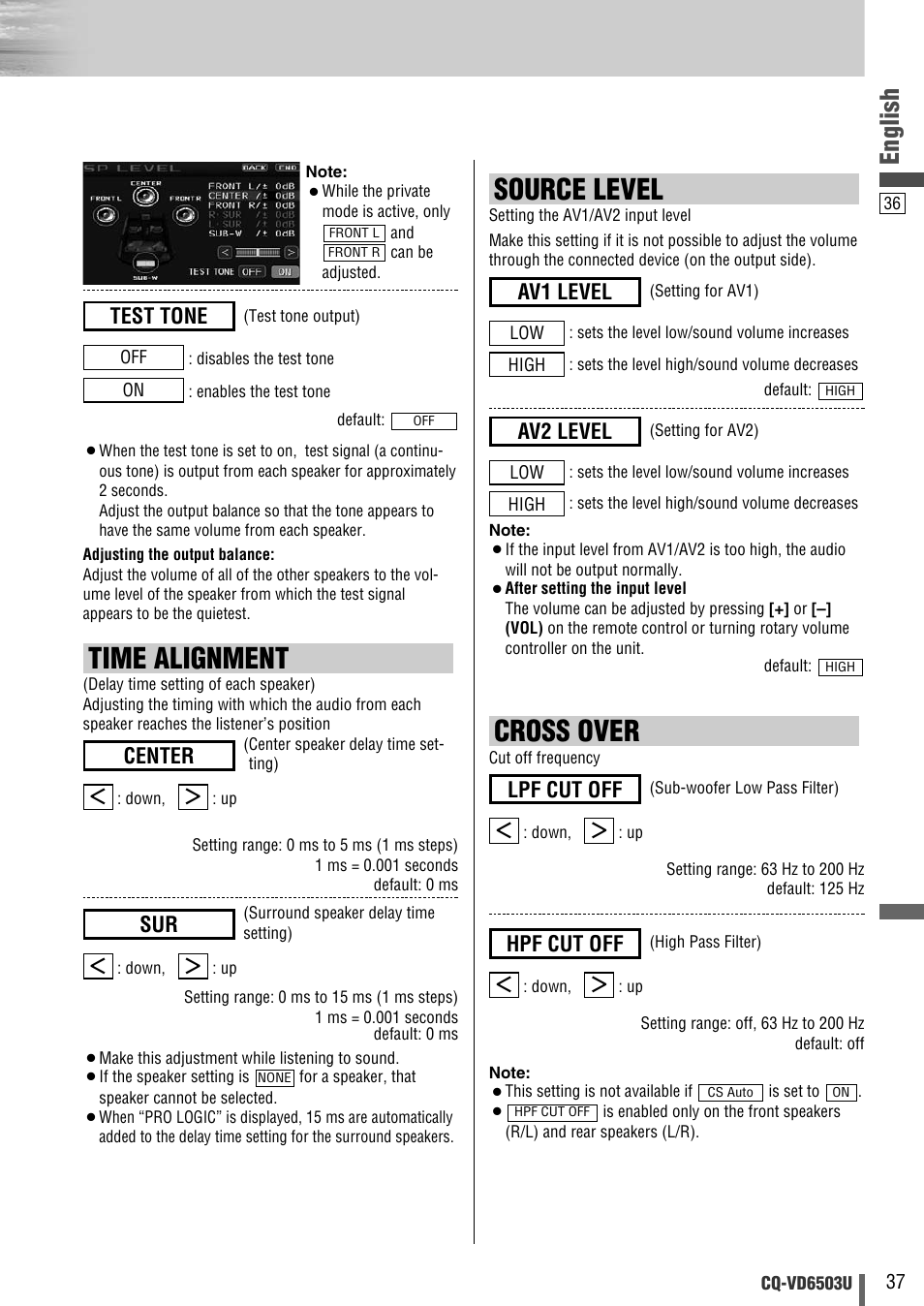 Cross over, Time alignment, Source level | English, Test tone, Hpf cut off, Lpf cut off, Center, Av2 level, Av1 level | Panasonic CQ-VD6503U User Manual | Page 37 / 150