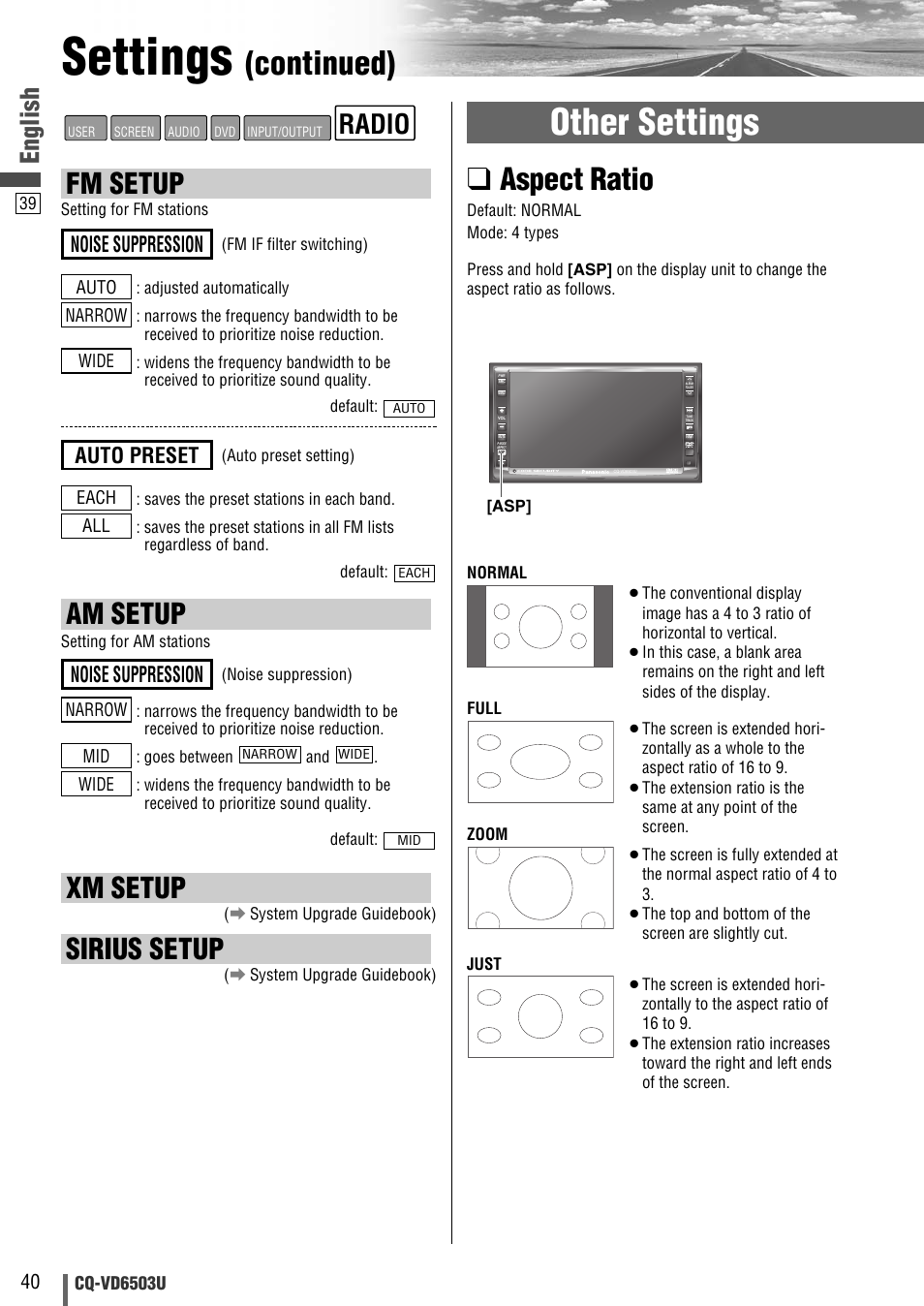 Settings, Other settings, Continued) | Aspect ratio, Fm setup, Am setup, Xm setup, Sirius setup, Radio, English | Panasonic CQ-VD6503U User Manual | Page 40 / 150
