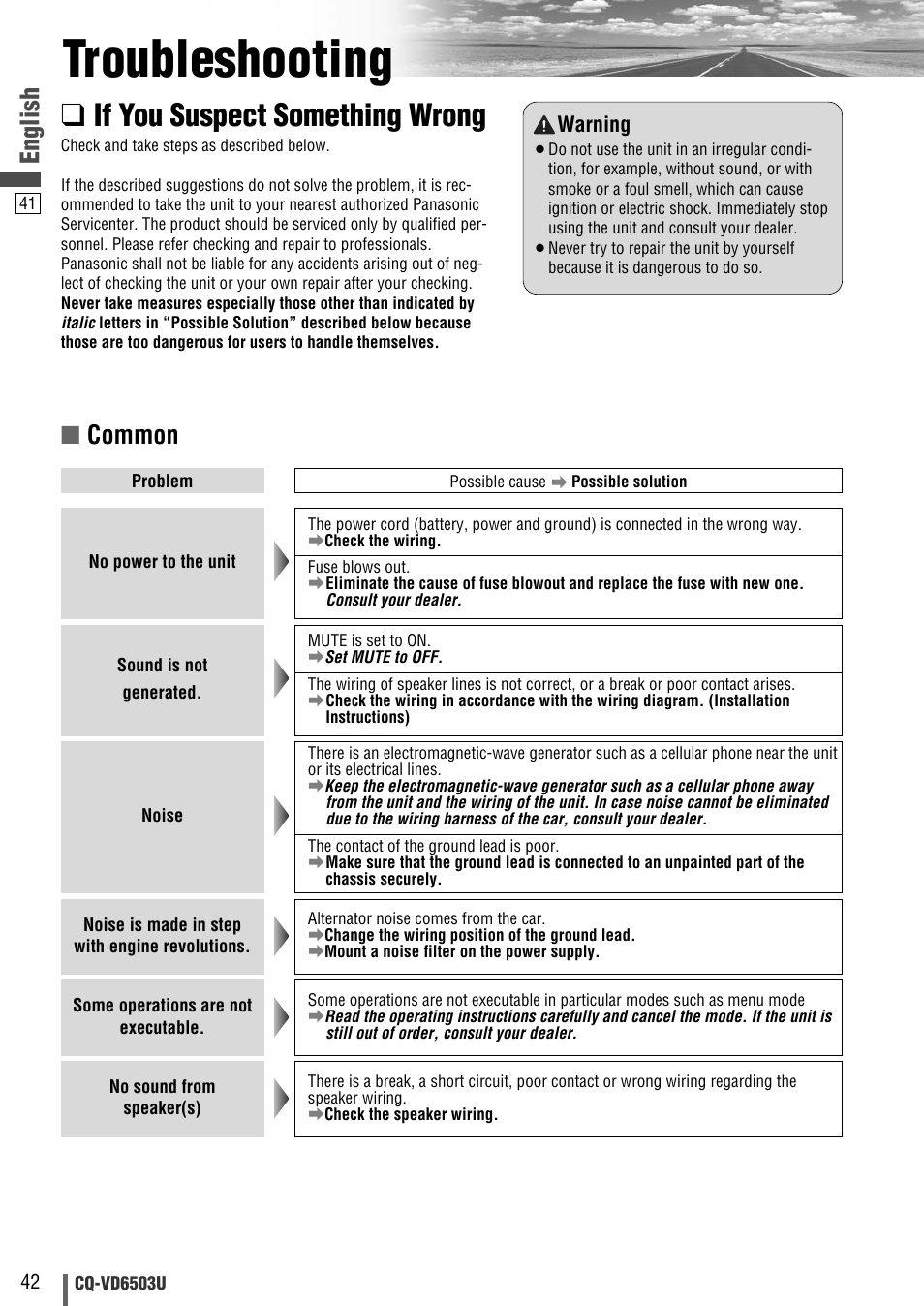 Troubleshooting, If you suspect something wrong, English | Common | Panasonic CQ-VD6503U User Manual | Page 42 / 150