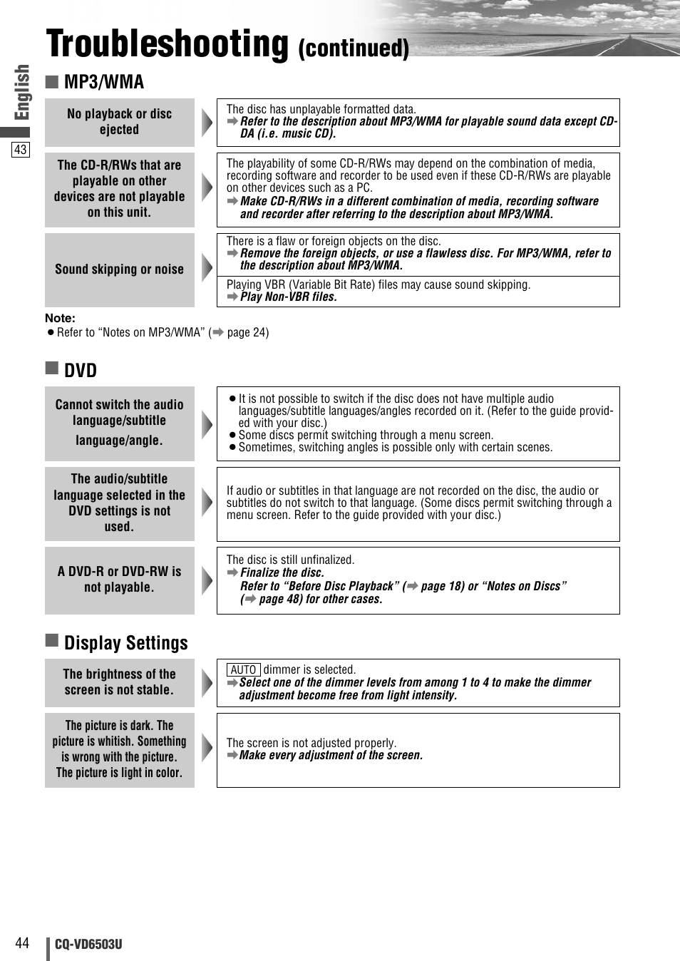Troubleshooting, Continued), English | Mp3/wma, Display settings | Panasonic CQ-VD6503U User Manual | Page 44 / 150
