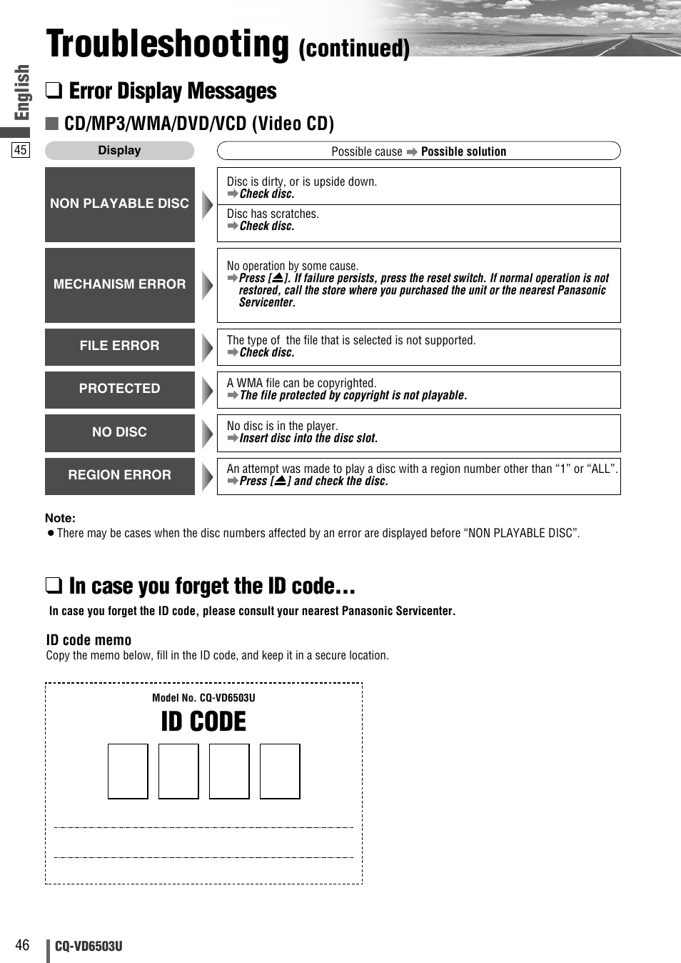 Troubleshooting, Id code, Continued) | Error display messages, English, Cd/mp3/wma/dvd/vcd (video cd) | Panasonic CQ-VD6503U User Manual | Page 46 / 150