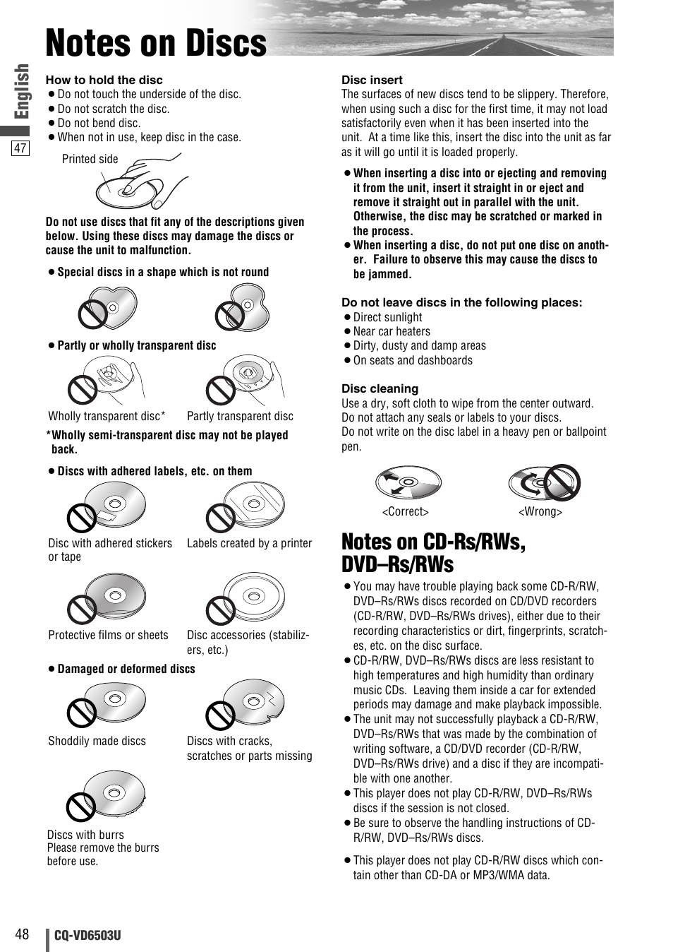 Notes on discs, English | Panasonic CQ-VD6503U User Manual | Page 48 / 150