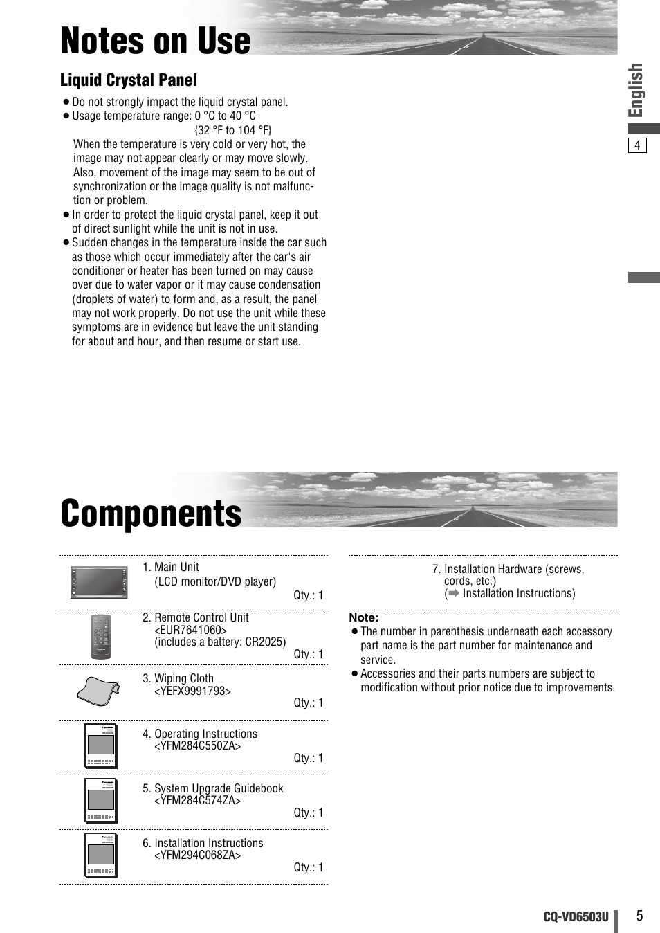 Notes on use, Components, English | Liquid crystal panel | Panasonic CQ-VD6503U User Manual | Page 5 / 150