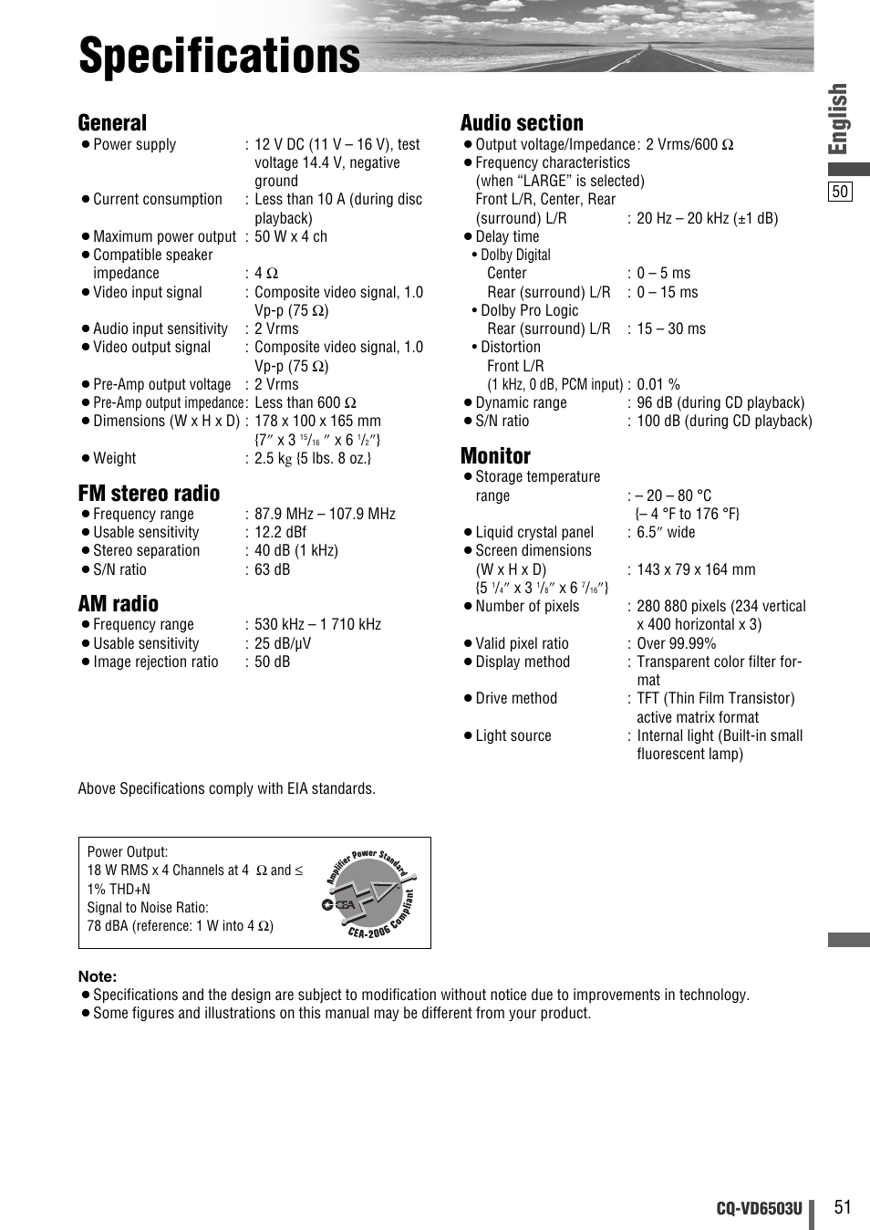 Specifications, English, General | Fm stereo radio, Am radio, Monitor | Panasonic CQ-VD6503U User Manual | Page 51 / 150