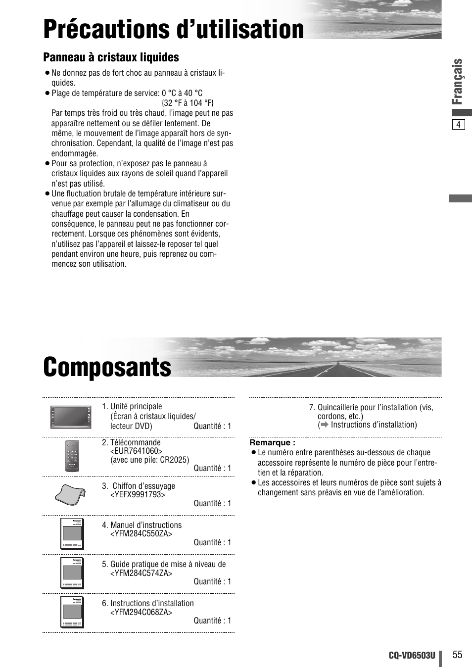 Precautions d'utilisation, Composants, Précautions d’utilisation composants | Français, Panneau à cristaux liquides | Panasonic CQ-VD6503U User Manual | Page 55 / 150