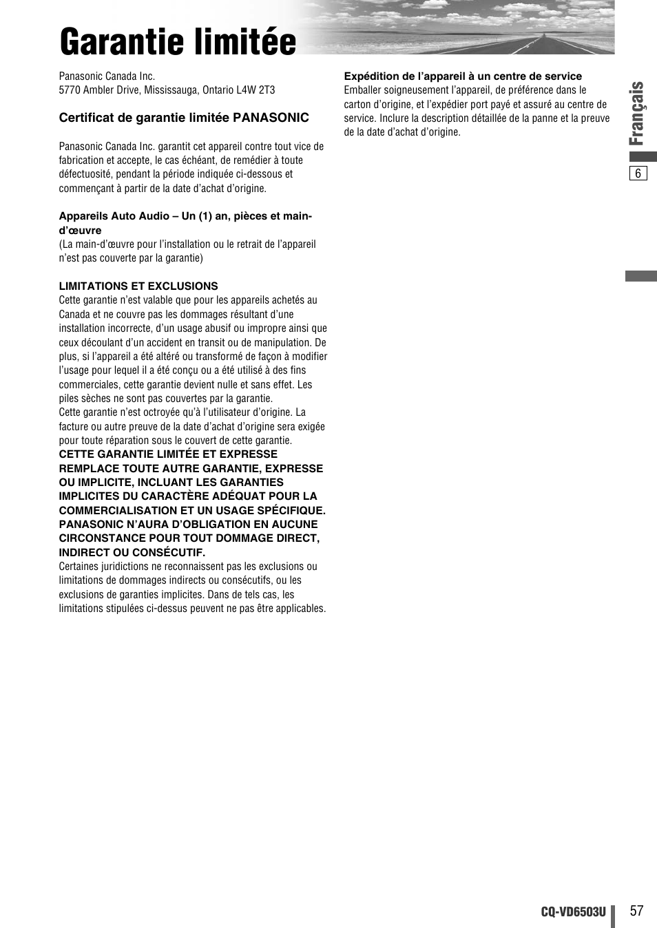 Garantie limitee, Garantie limitée, Français | Panasonic CQ-VD6503U User Manual | Page 57 / 150