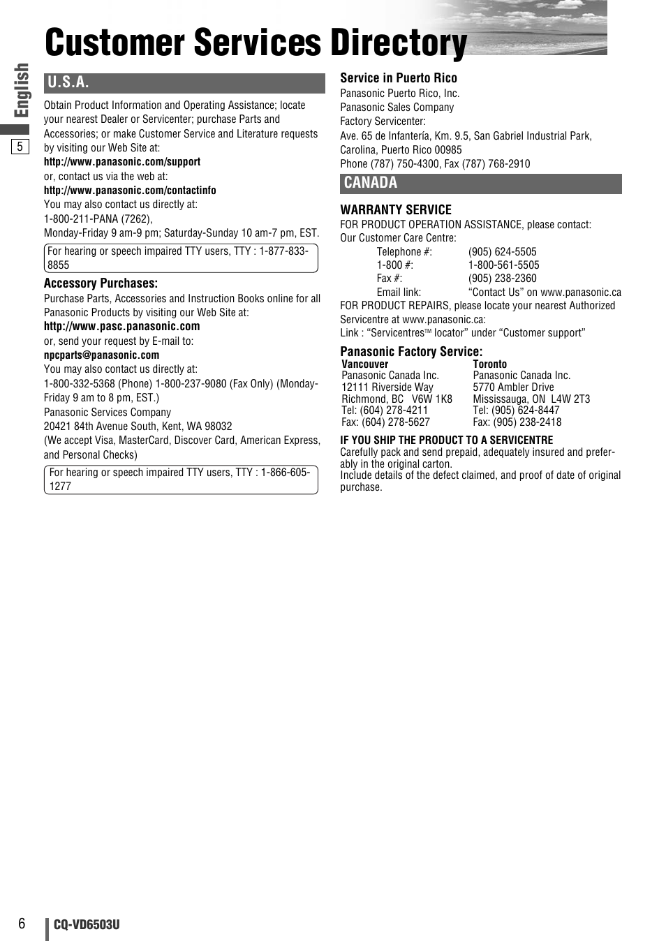 Customer services directory, English, U.s.a | Canada | Panasonic CQ-VD6503U User Manual | Page 6 / 150