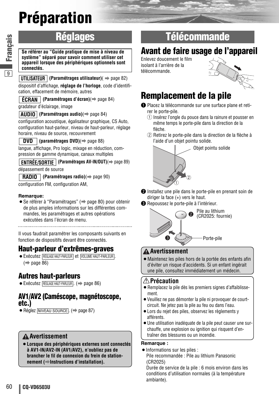 Preparation, Préparation, Réglages | Télécommande, Remplacement de la pile, Avant de faire usage de l’appareil, Français, Haut-parleur d’extrêmes-graves, Autres haut-parleurs, Av1/av2 (caméscope, magnétoscope, etc.) | Panasonic CQ-VD6503U User Manual | Page 60 / 150
