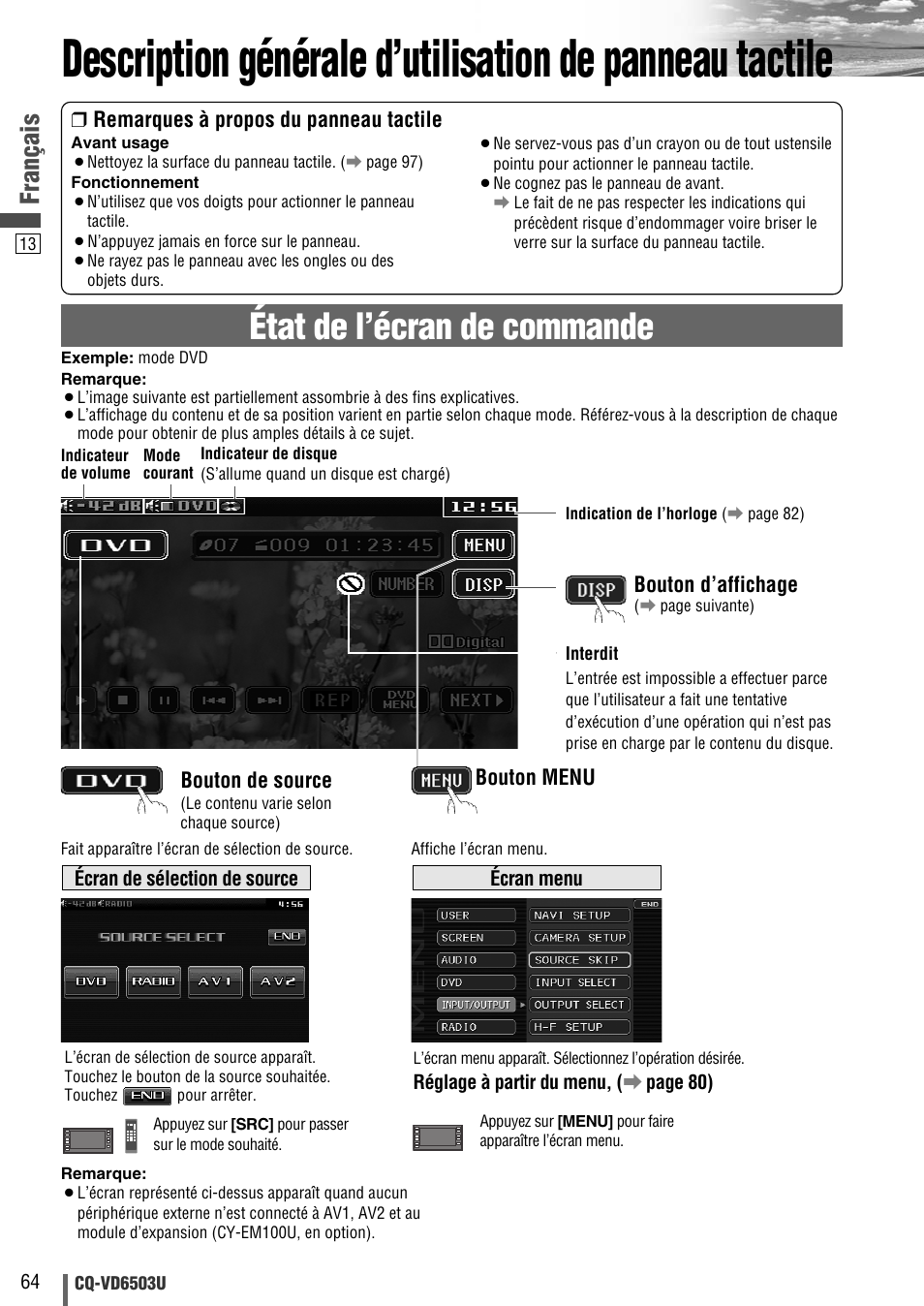 État de l’écran de commande, Français | Panasonic CQ-VD6503U User Manual | Page 64 / 150