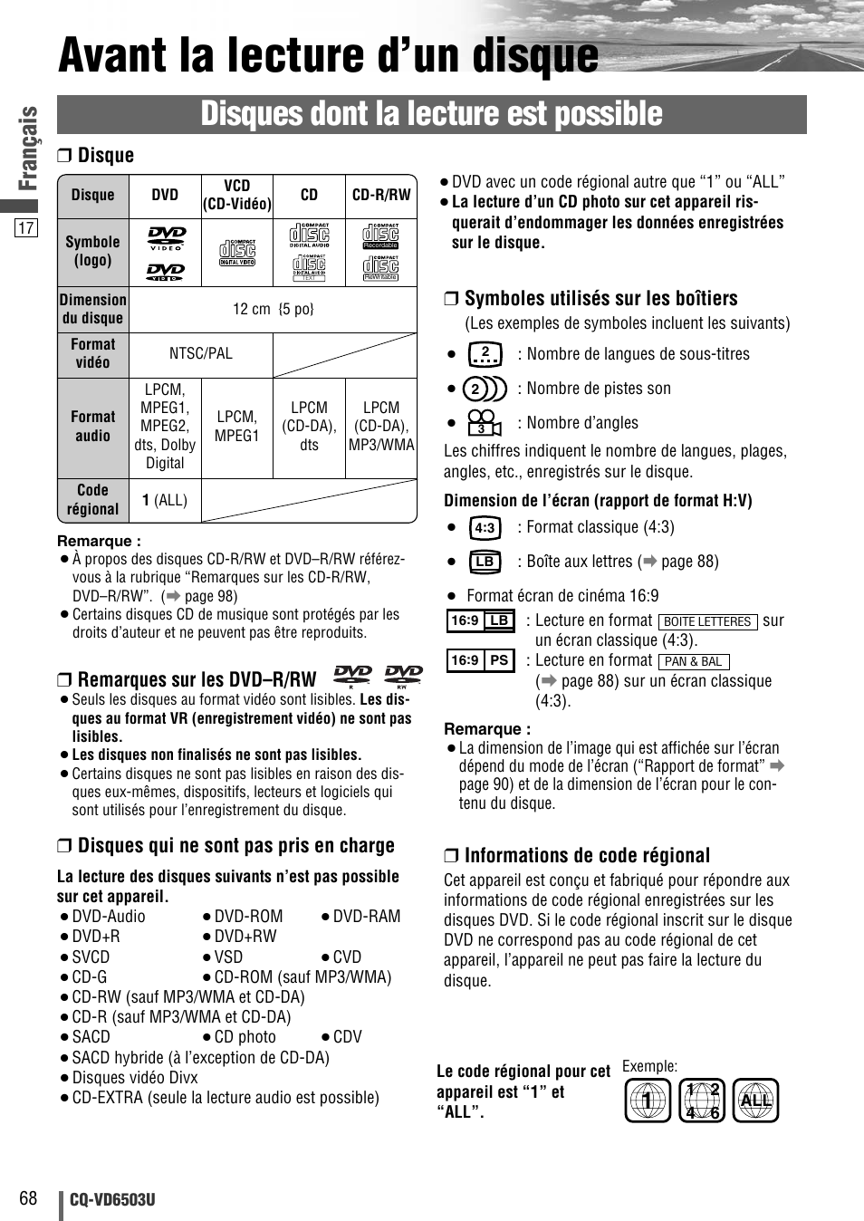 Avant la lecture d'un disque, Avant la lecture d’un disque, Disques dont la lecture est possible | Français, Remarques sur les dvd–r/rw, Disques qui ne sont pas pris en charge, Symboles utilisés sur les boîtiers, Informations de code régional, Disque | Panasonic CQ-VD6503U User Manual | Page 68 / 150