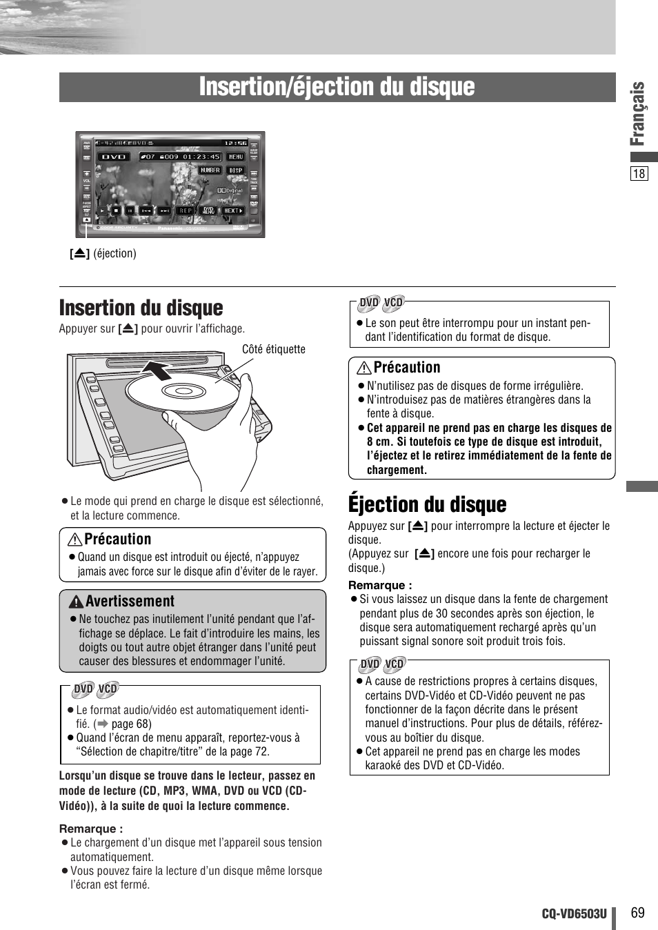 Insertion/éjection du disque, Insertion du disque, Éjection du disque | Français, Précaution, Avertissement | Panasonic CQ-VD6503U User Manual | Page 69 / 150