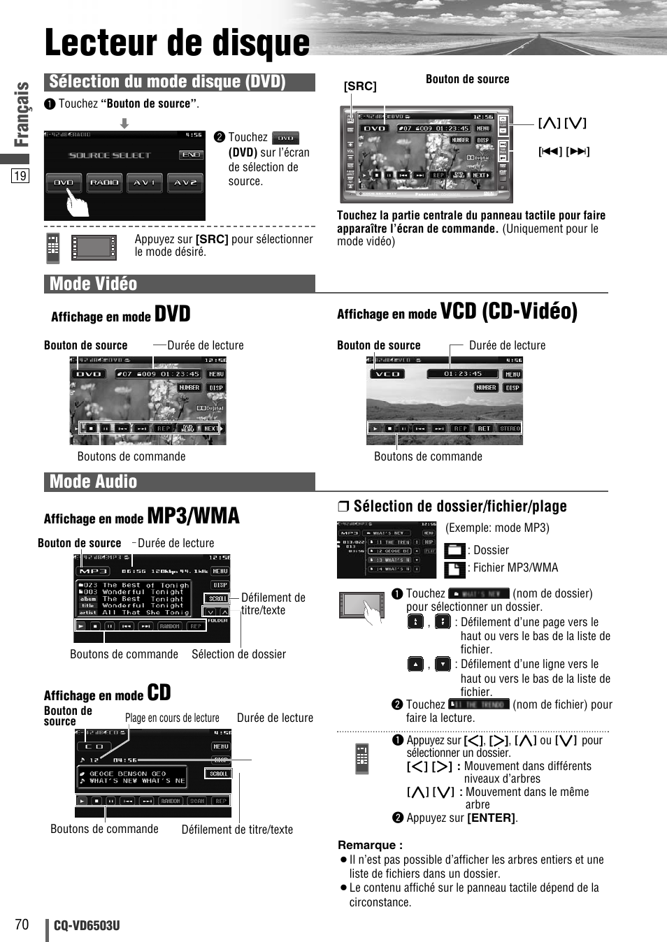 Lecteur de disque, Mp3/wma, Vcd (cd-vidéo) | Français, Mode vidéo, Mode audio, Sélection du mode disque (dvd), Sélection de dossier/fichier/plage | Panasonic CQ-VD6503U User Manual | Page 70 / 150