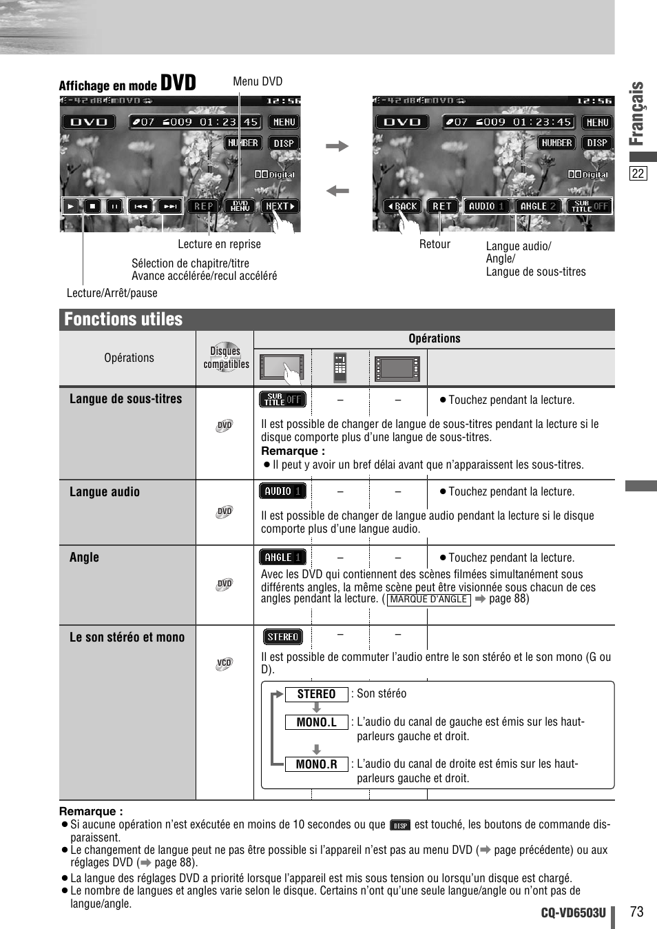 Français, Fonctions utiles | Panasonic CQ-VD6503U User Manual | Page 73 / 150