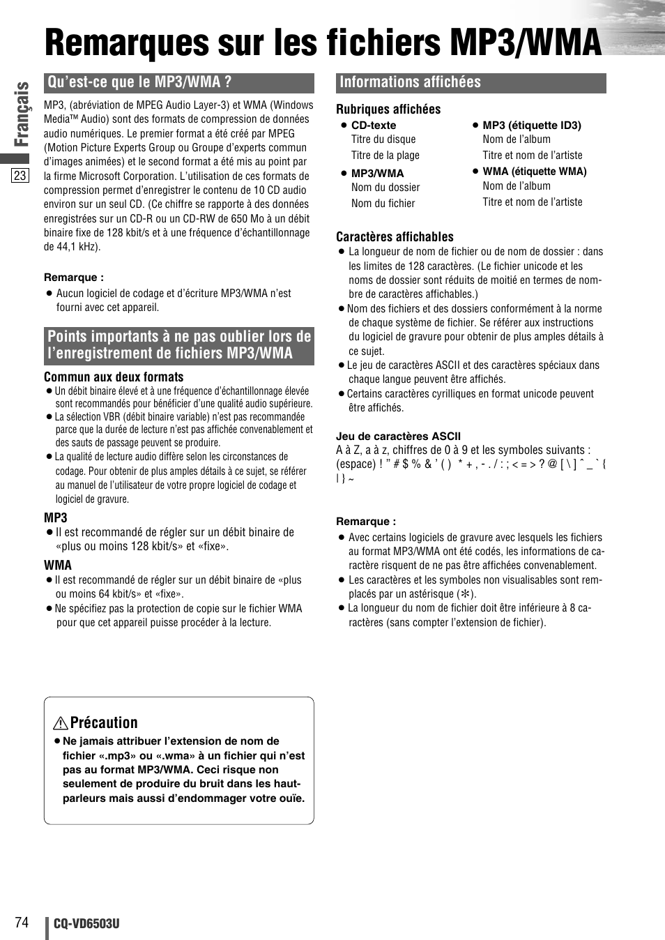 Remarques sur les fichiers mp3/wma, Français, Qu’est-ce que le mp3/wma | Informations affichées, Précaution | Panasonic CQ-VD6503U User Manual | Page 74 / 150