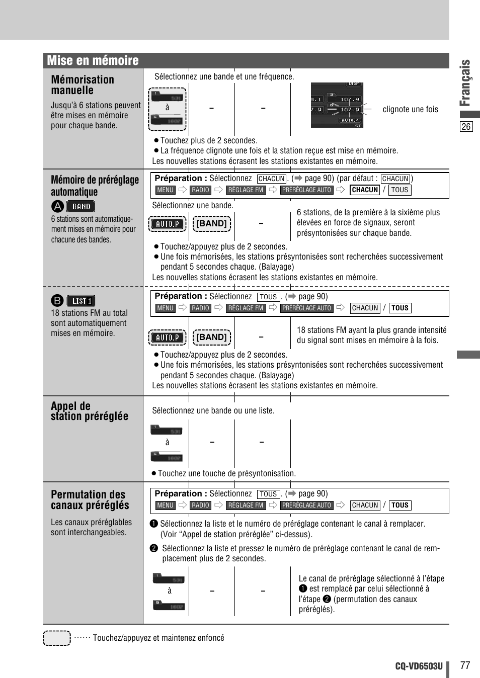 Français, Mise en mémoire, Mémorisation manuelle | Appel de station préréglée, Mémoire de préréglage automatique, Permutation des canaux préréglés | Panasonic CQ-VD6503U User Manual | Page 77 / 150
