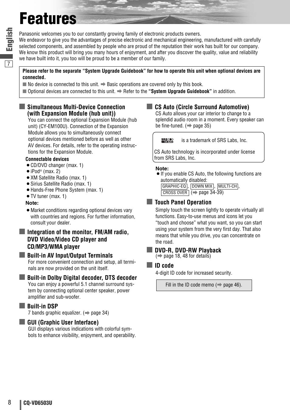 Features, English | Panasonic CQ-VD6503U User Manual | Page 8 / 150