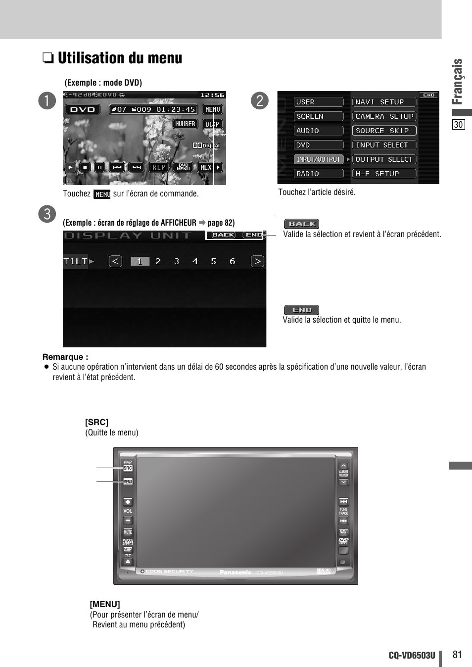 Utilisation du menu, Français | Panasonic CQ-VD6503U User Manual | Page 81 / 150