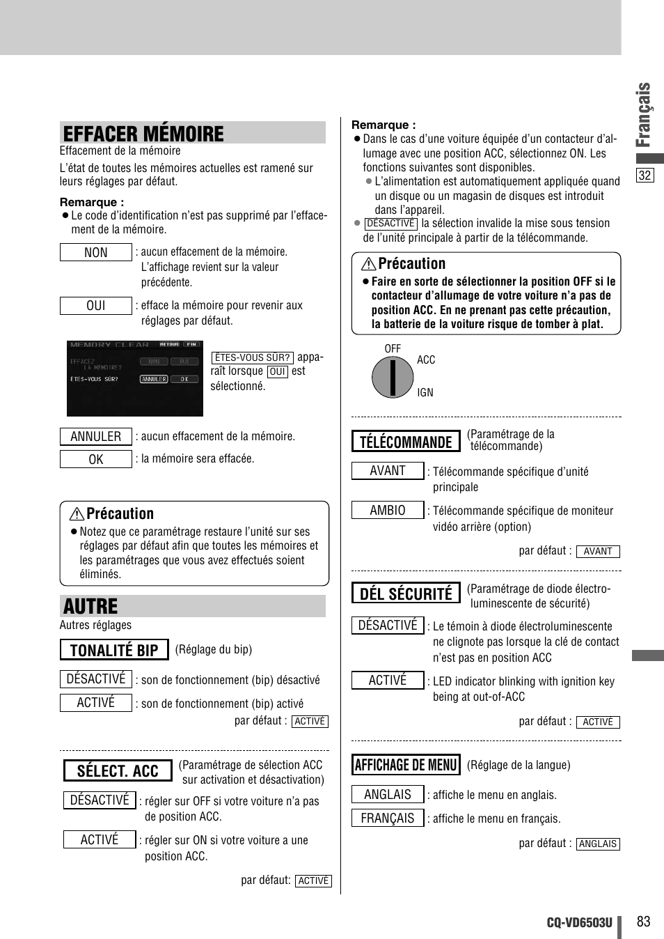 Effacer mémoire, Autre, Français | Tonalité bip, Affichage de menu, Dél sécurité, Télécommande, Sélect. acc précaution, Précaution | Panasonic CQ-VD6503U User Manual | Page 83 / 150