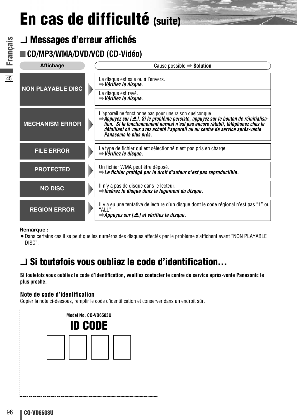 En cas de difficulté, Id code, Suite) | Messages d’erreur affichés, Si toutefois vous oubliez le code d’identification, Français, Cd/mp3/wma/dvd/vcd (cd-vidéo) | Panasonic CQ-VD6503U User Manual | Page 96 / 150
