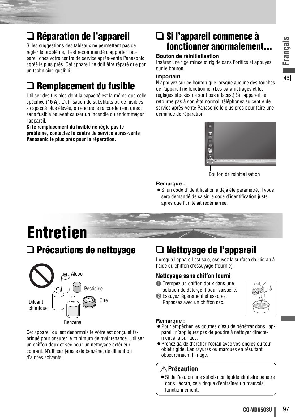 Entretien, Réparation de l’appareil, Remplacement du fusible | Si l’appareil commence à fonctionner anormalement, Nettoyage de l’appareil, Précautions de nettoyage, Français, Précaution | Panasonic CQ-VD6503U User Manual | Page 97 / 150