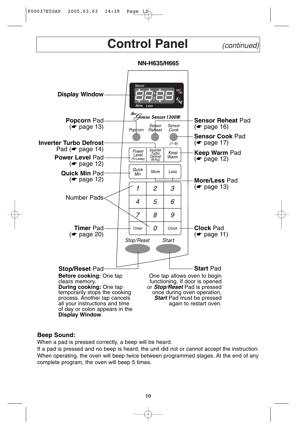 Control panel, Continued) | Panasonic H665 User Manual | Page 12 / 64