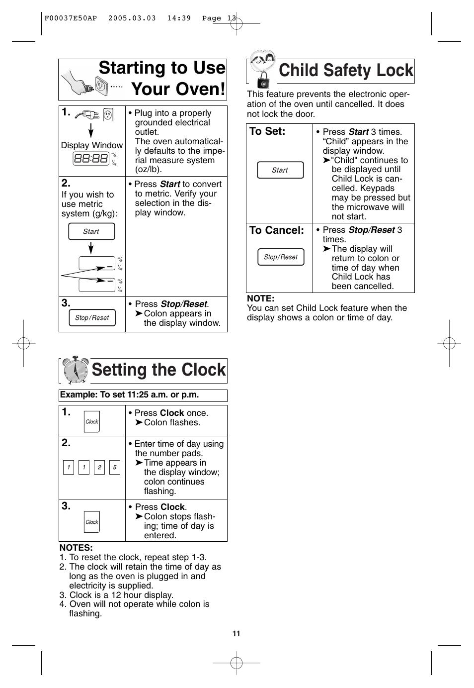 Starting to use your oven, Setting the clock, Child safety lock | Panasonic H665 User Manual | Page 13 / 64