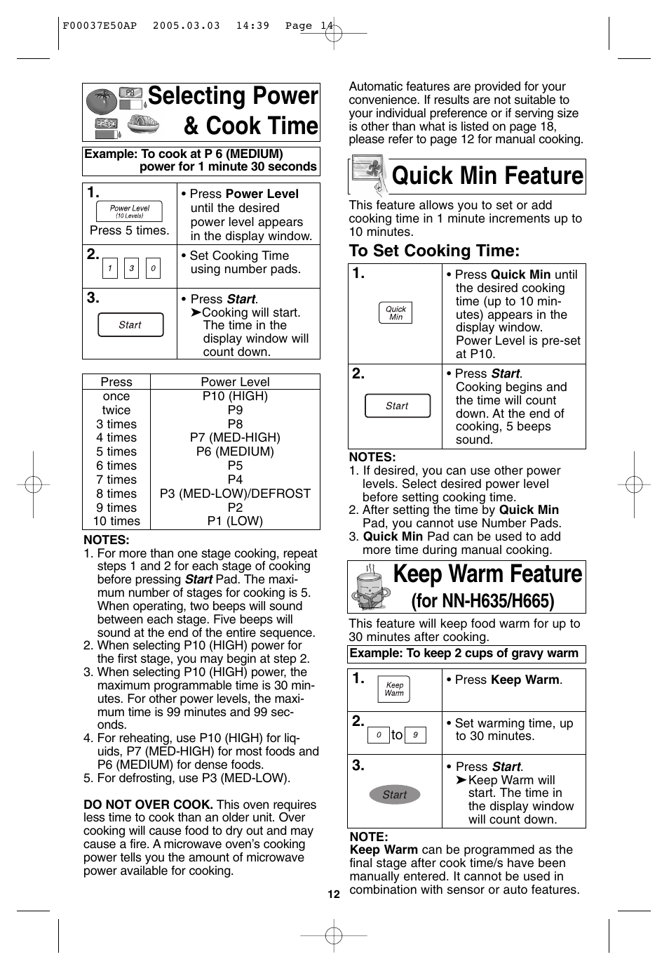 Selecting power and cook time, Quick min feature, Selecting power & cook time | Keep warm feature | Panasonic H665 User Manual | Page 14 / 64