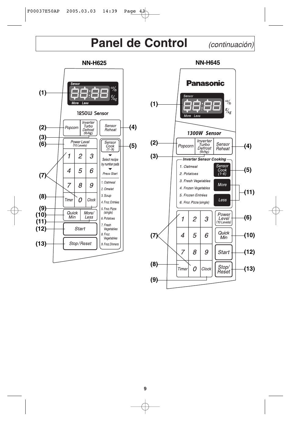 Panel de control, Continuación) | Panasonic H665 User Manual | Page 43 / 64