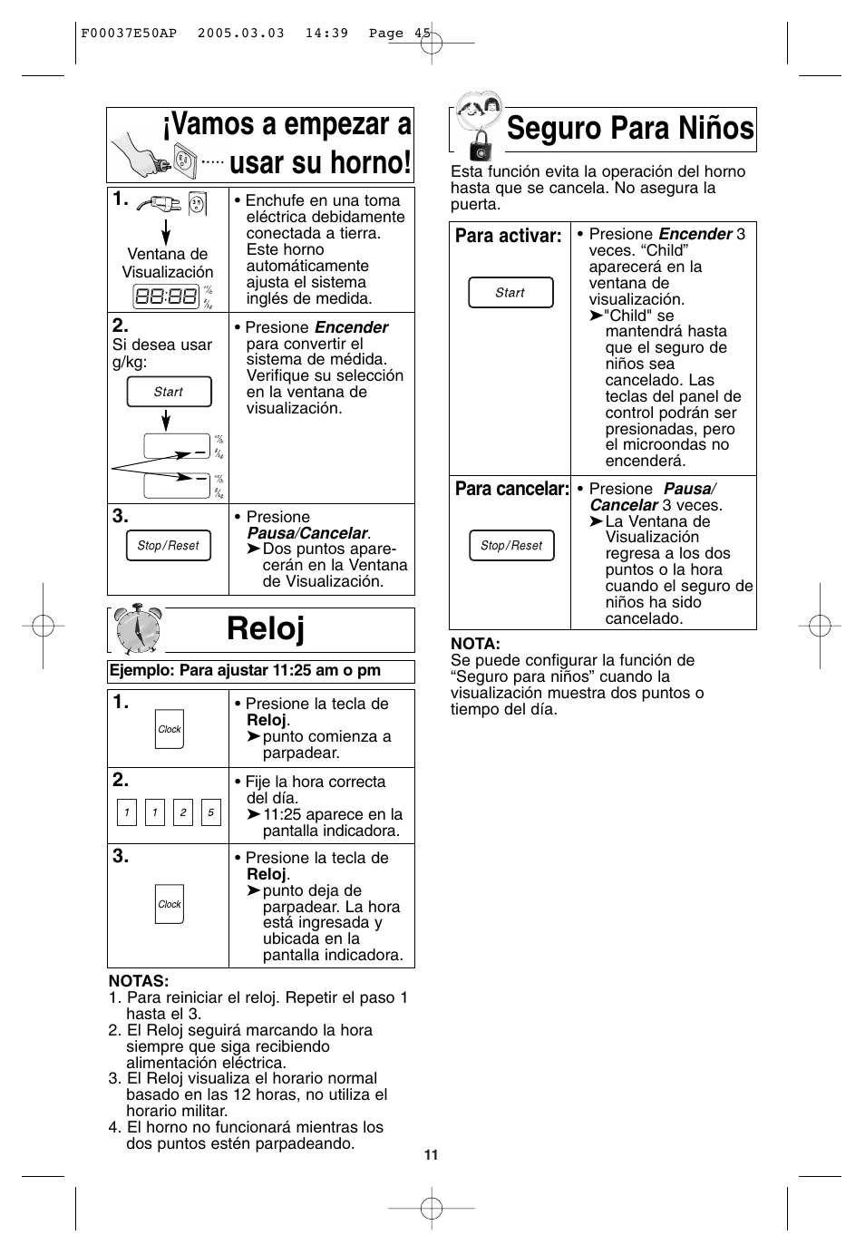 Vamos a empezar a usar su horno, Para ajuste del reloj, Seguro para ninos | Seguro para niños reloj | Panasonic H665 User Manual | Page 45 / 64