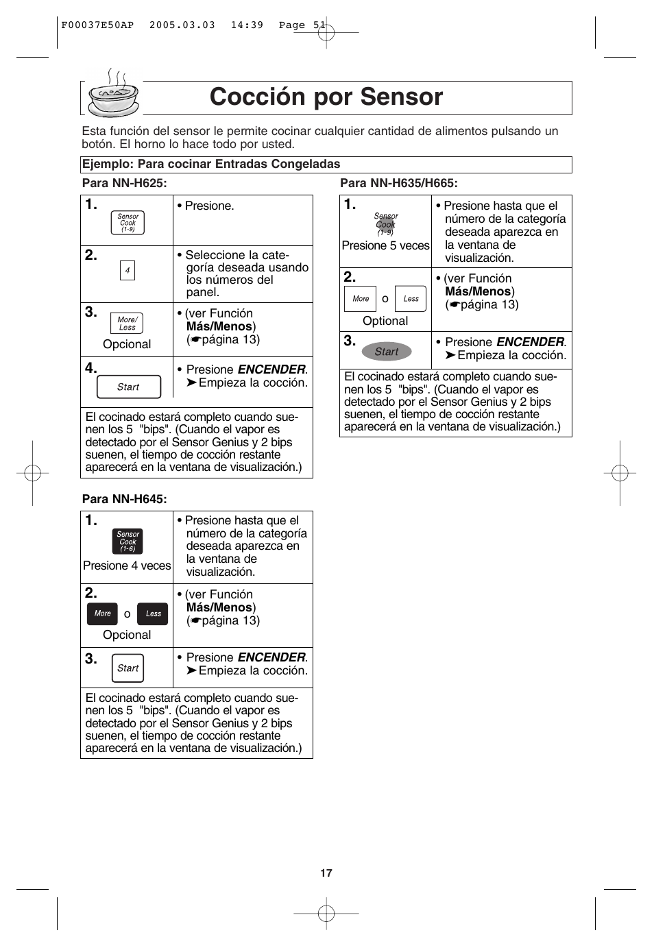 Funcion de coccion por sensor, Cocción por sensor | Panasonic H665 User Manual | Page 51 / 64