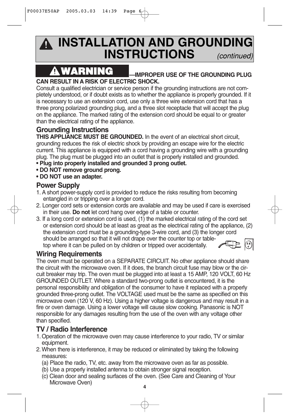 Installation and grounding instructions, Wwa ar rn niin ng g | Panasonic H665 User Manual | Page 6 / 64
